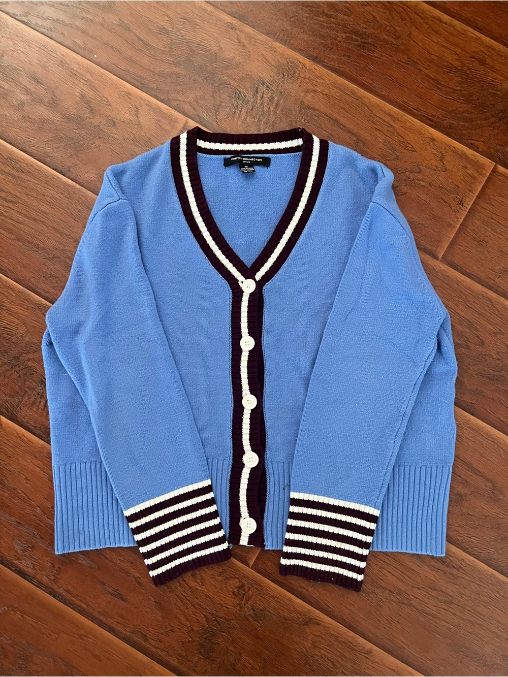 French Connection Blue Cardigan with Maroon & White Trim